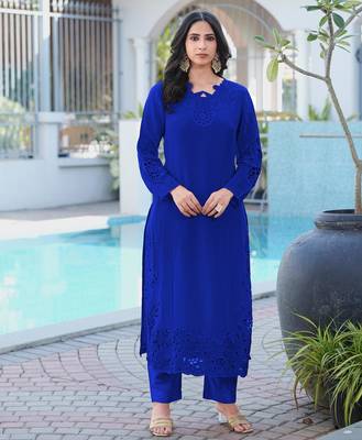 Royal-blue embroidered art silk straight cut kurta 1