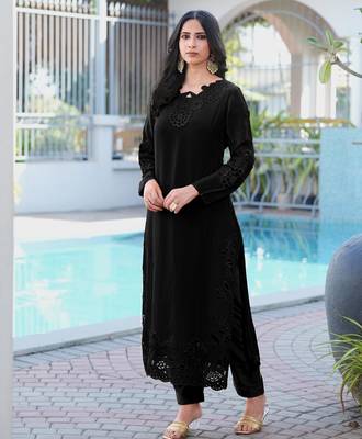 Black embroidered art silk straight cut kurta pants set 2