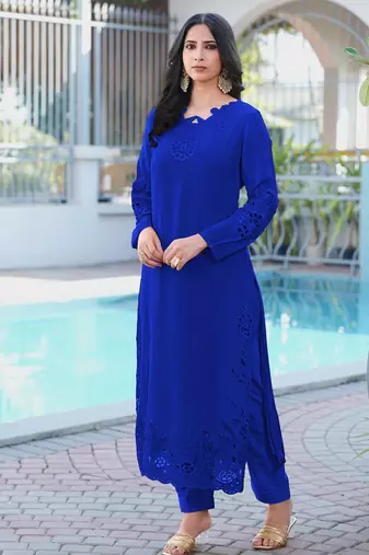 Royal-blue embroidered art silk straight cut kurta