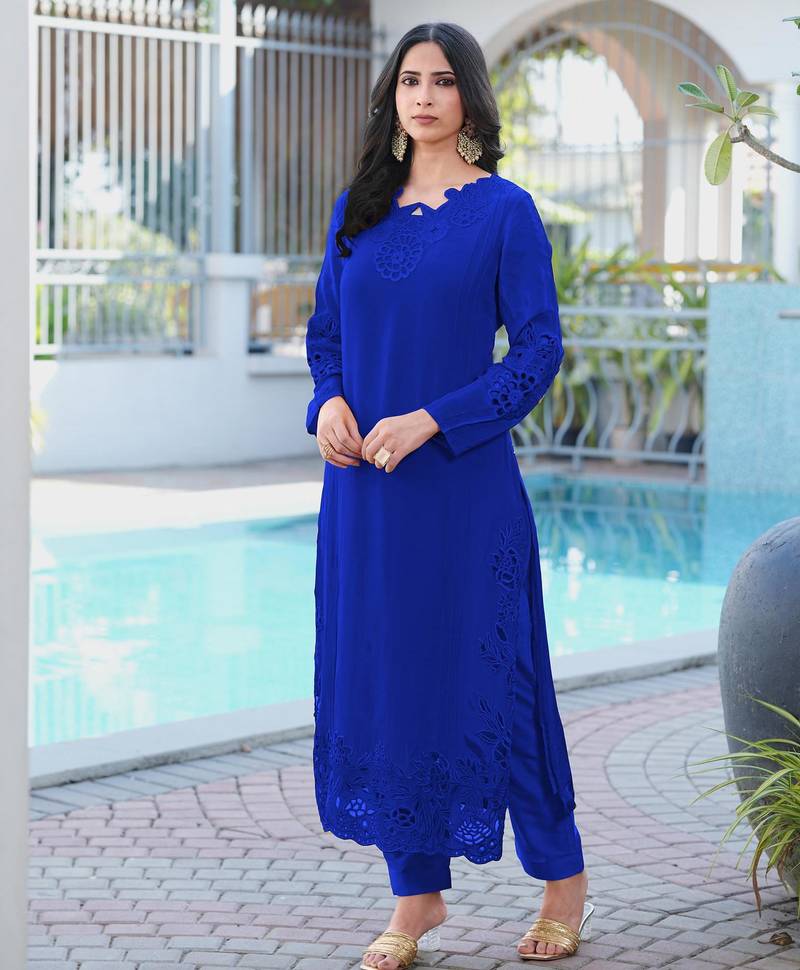 Royal-blue embroidered art silk straight cut kurta