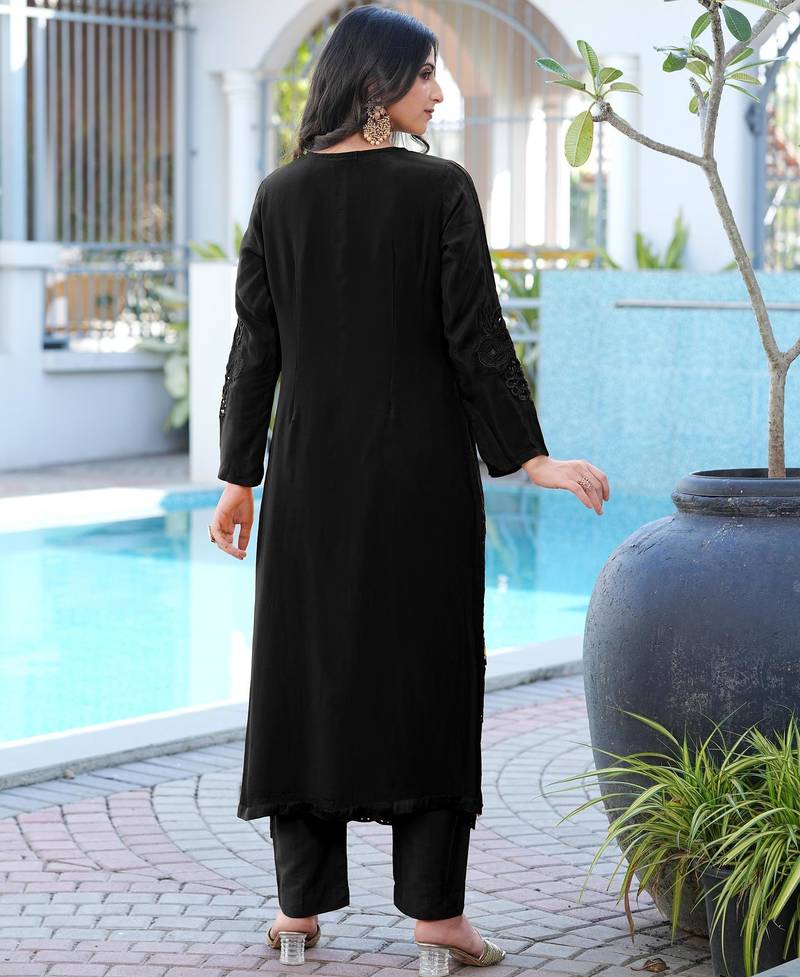 Black embroidered art silk straight cut kurta pants set