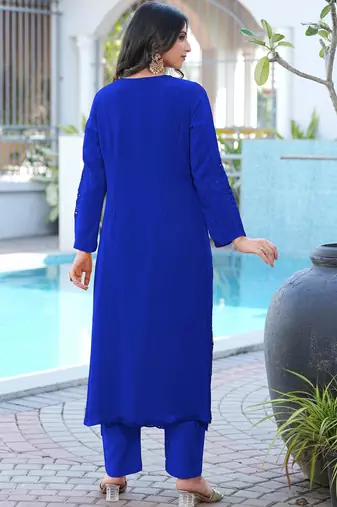 Royal-blue embroidered art silk straight cut kurta
