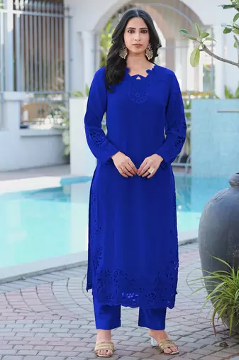 Royal-blue embroidered art silk straight cut kurta pants set