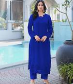 Royal-blue embroidered art silk straight cut kurta pants set