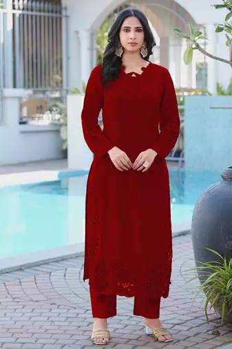 Maroon embroidered art silk straight cut kurta