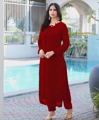 Maroon embroidered art silk straight cut kurta 2