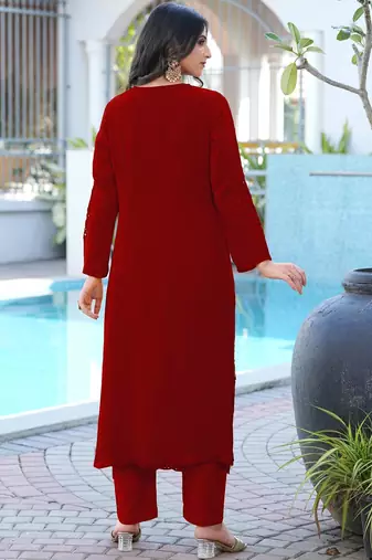 Maroon embroidered art silk straight cut kurta