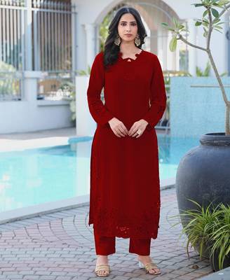 Maroon embroidered art silk straight cut kurta pants set 1