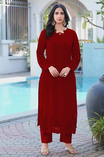 Maroon embroidered art silk straight cut kurta pants set
