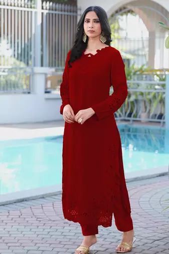 Maroon embroidered art silk straight cut kurta pants set