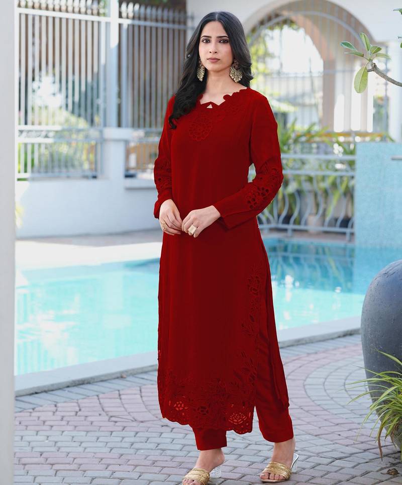 Maroon embroidered art silk straight cut kurta pants set