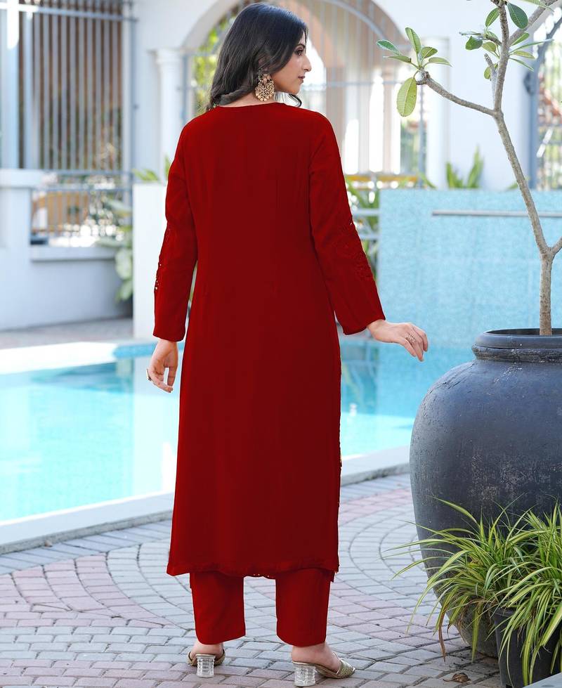 Maroon embroidered art silk straight cut kurta pants set