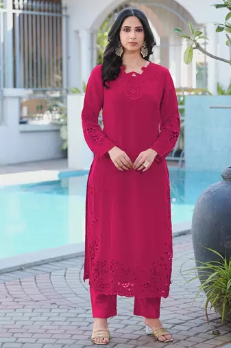 Magenta embroidered art silk straight cut kurta pants set