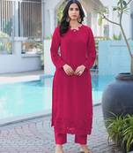 Magenta embroidered art silk straight cut kurta pants set