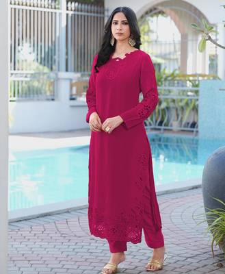 Magenta embroidered art silk straight cut kurta pants set 2
