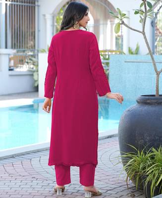 Magenta embroidered art silk straight cut kurta pants set 3