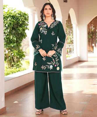 Dark-green embroidered art silk straight cut kurta 1