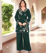 Dark-green embroidered art silk straight cut kurta