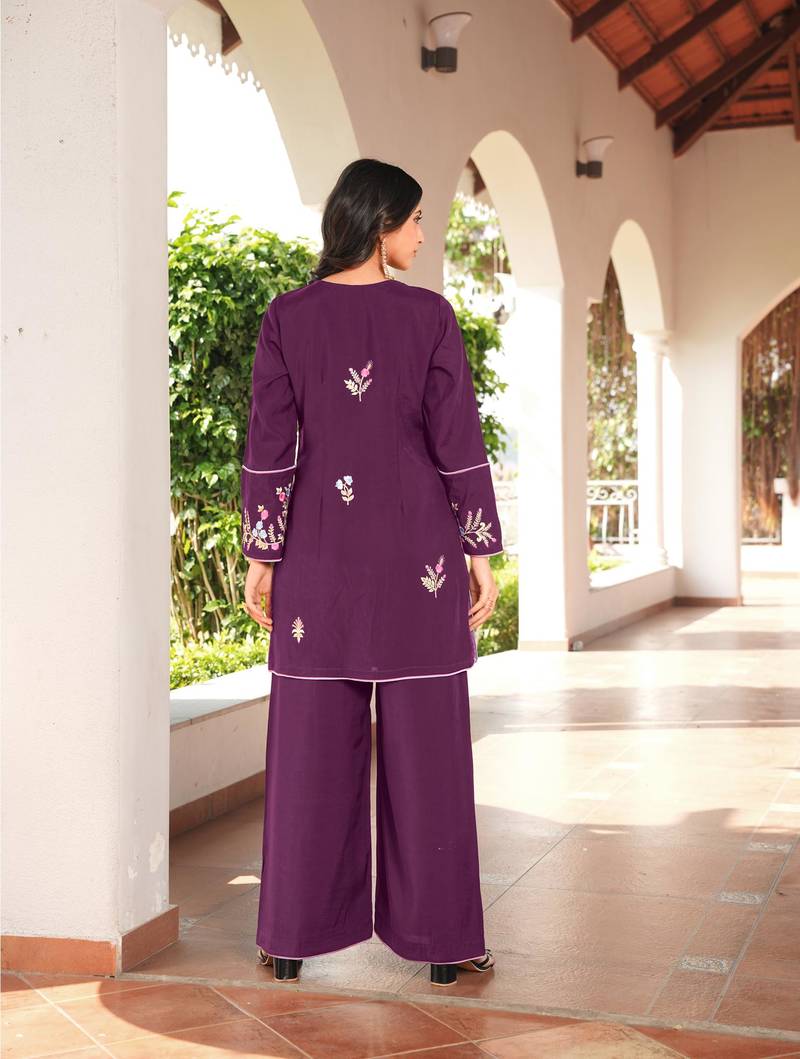Magenta embroidered art silk straight cut kurta culottes set