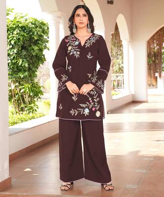 Brown embroidered art silk straight cut kurta 1