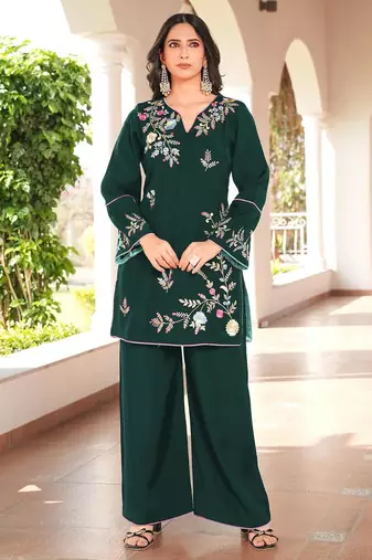 Dark-green embroidered art silk straight cut kurta culottes set
