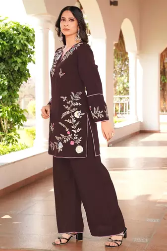 Brown embroidered art silk straight cut kurta