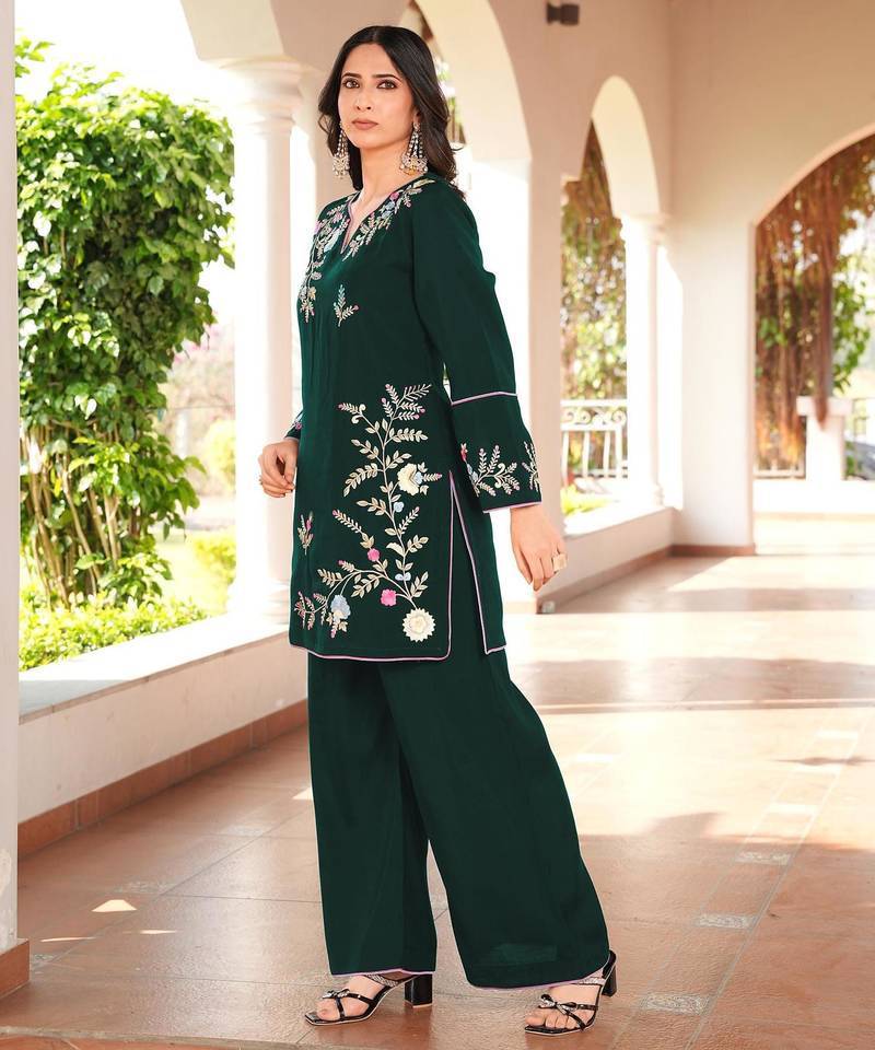 Dark-green embroidered art silk straight cut kurta culottes set