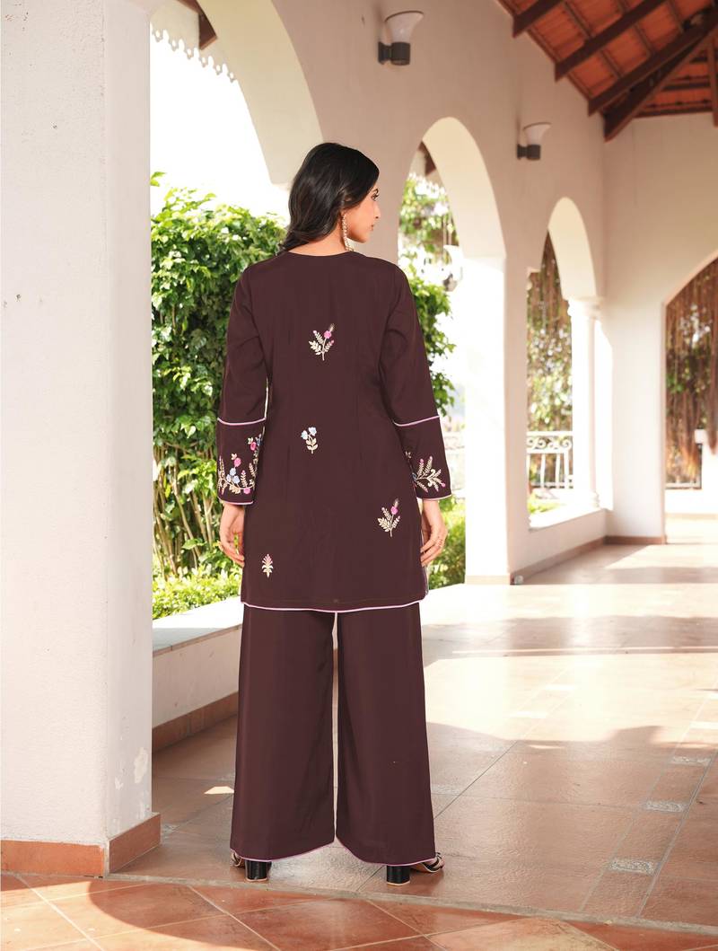 Brown embroidered art silk straight cut kurta