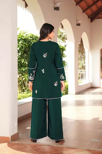 Dark-green embroidered art silk straight cut kurta culottes set