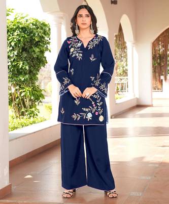 Navy-blue embroidered art silk straight cut kurta 1