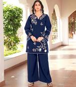 Navy-blue embroidered art silk straight cut kurta