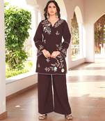 Brown embroidered art silk straight cut kurta culottes set