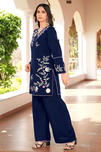 Navy-blue embroidered art silk straight cut kurta