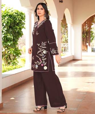 Brown embroidered art silk straight cut kurta culottes set 2