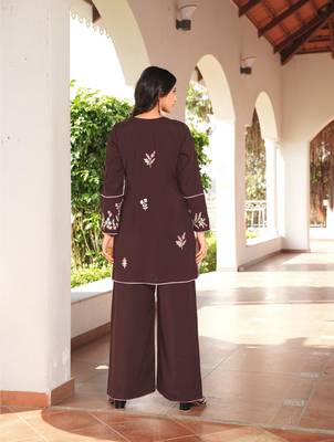 Brown embroidered art silk straight cut kurta culottes set 3