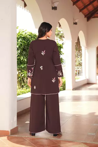 Brown embroidered art silk straight cut kurta culottes set