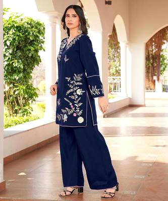 Navy-blue embroidered art silk straight cut kurta culottes set 2