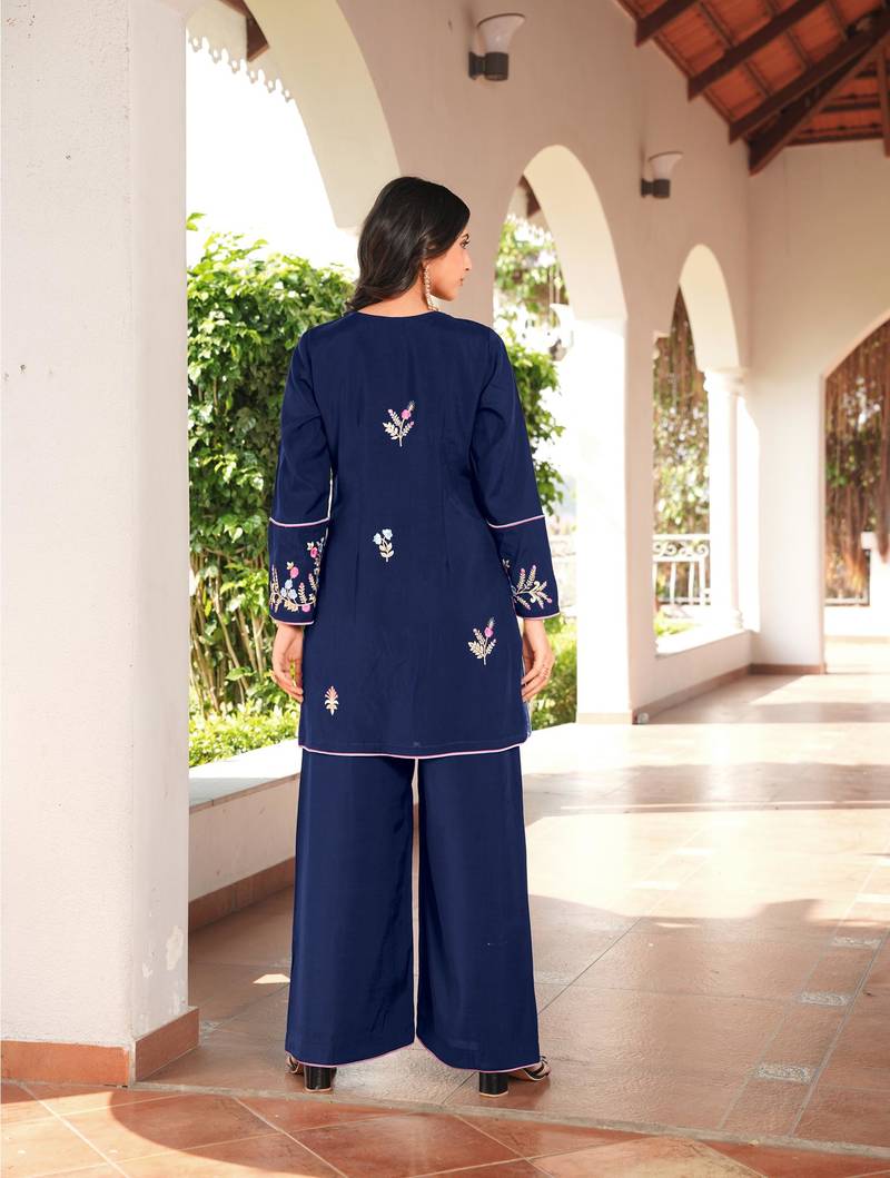 Navy-blue embroidered art silk straight cut kurta culottes set