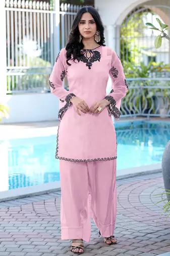 Light-pink embroidered organza straight cut kurta