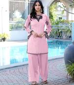 Light-pink embroidered organza straight cut kurta