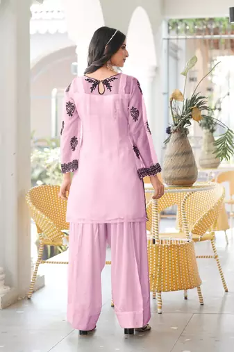 Light-pink embroidered organza straight cut kurta