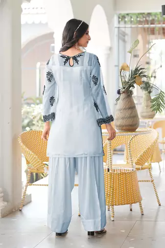 Light-blue embroidered organza straight cut kurta farshi salwar set