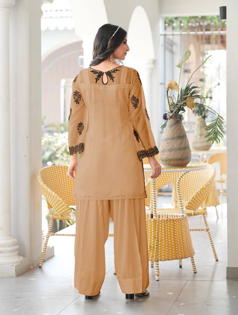 Light-brown embroidered organza straight cut kurta
