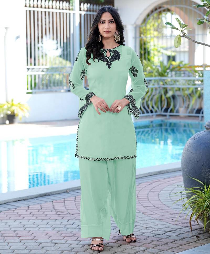 Light-green embroidered organza straight cut kurta farshi salwar set