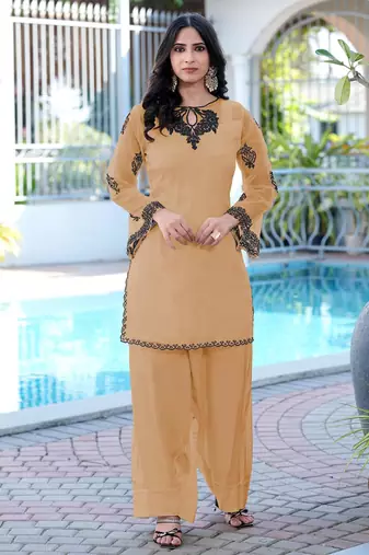 Light-brown embroidered organza straight cut kurta farshi salwar set