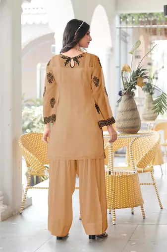 Light-brown embroidered organza straight cut kurta farshi salwar set