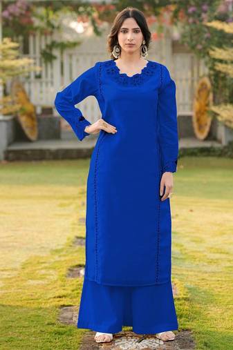 Royal-blue embroidered art silk straight cut kurta