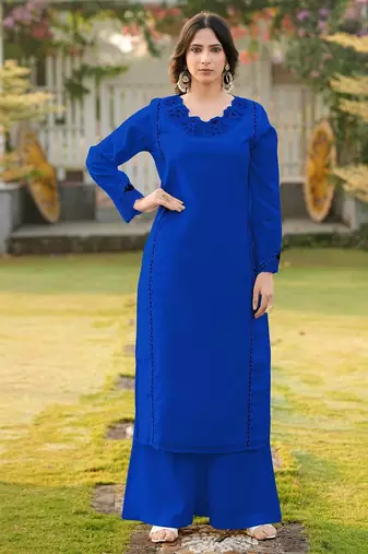 Royal-blue embroidered art silk straight cut kurta