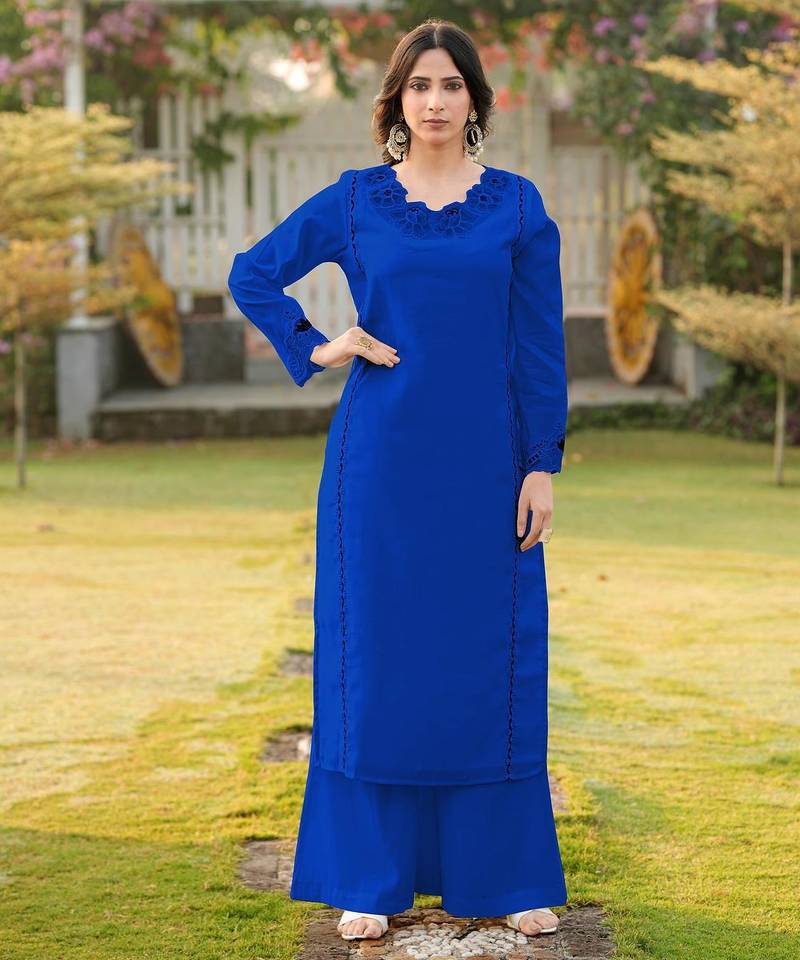 Royal-blue embroidered art silk straight cut kurta