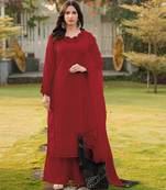 Maroon embroidered art silk straight cut kurta palazzo set